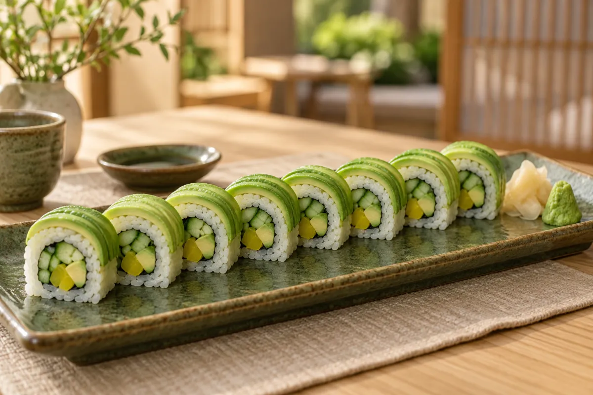 Rollen mit Gurke, Avocado und gelbem Rettich, mit Avocadoscheiben belegt, auf einer grünen Keramikplatte