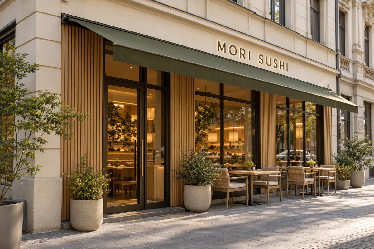 Ladenfront mit Holzlamellen, moosgrüner Markise und dem Schriftzug Mori Sushi, davor zwei Tische auf dem Gehweg