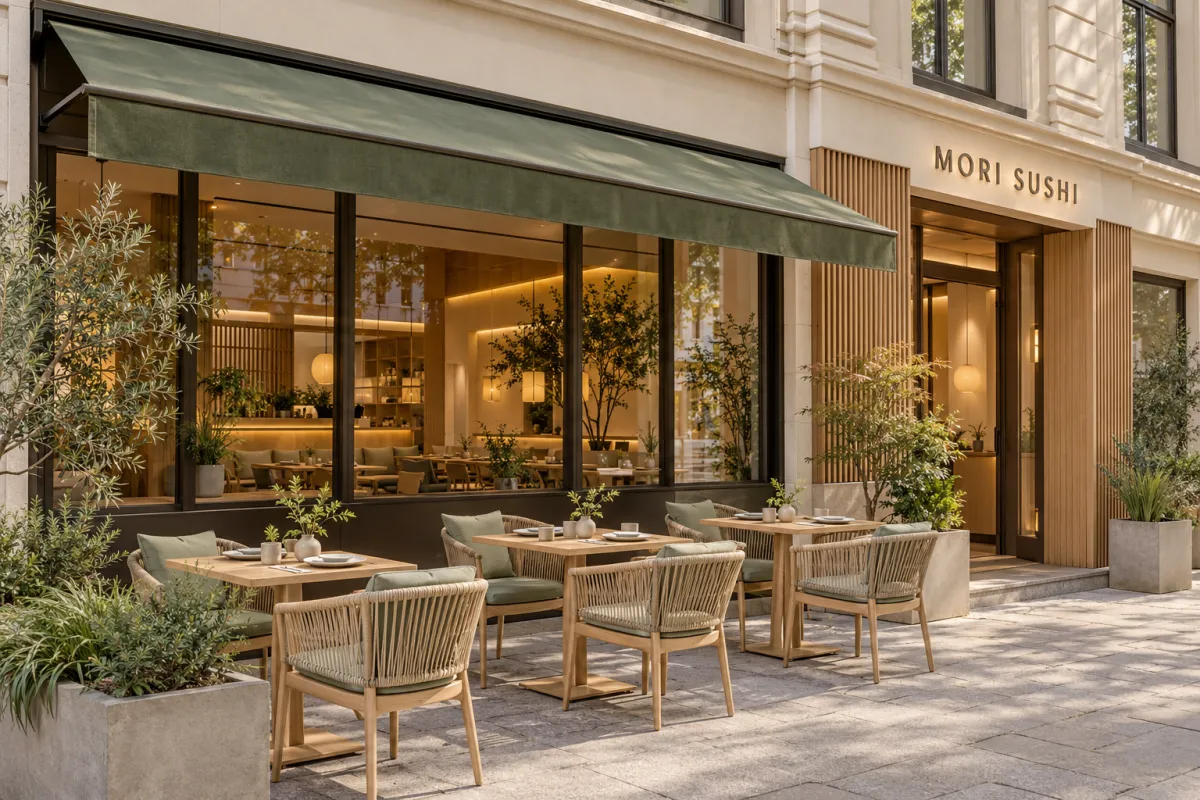 Terrasse mit drei gedeckten Holztischen und Flechtstühlen unter einer moosgrünen Markise