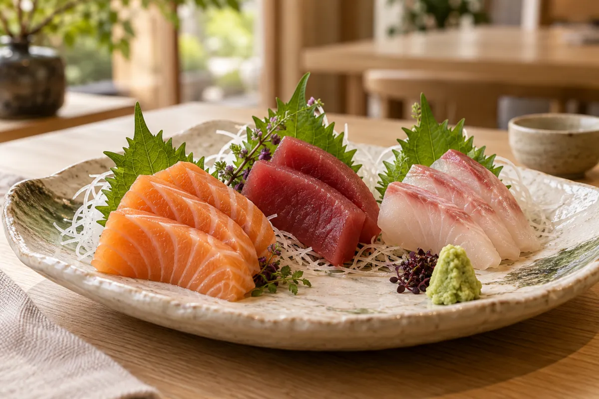 Je drei Scheiben Lachs, Thunfisch und weißer Fisch auf Rettichstreifen und Shiso-Blättern, daneben Wasabi