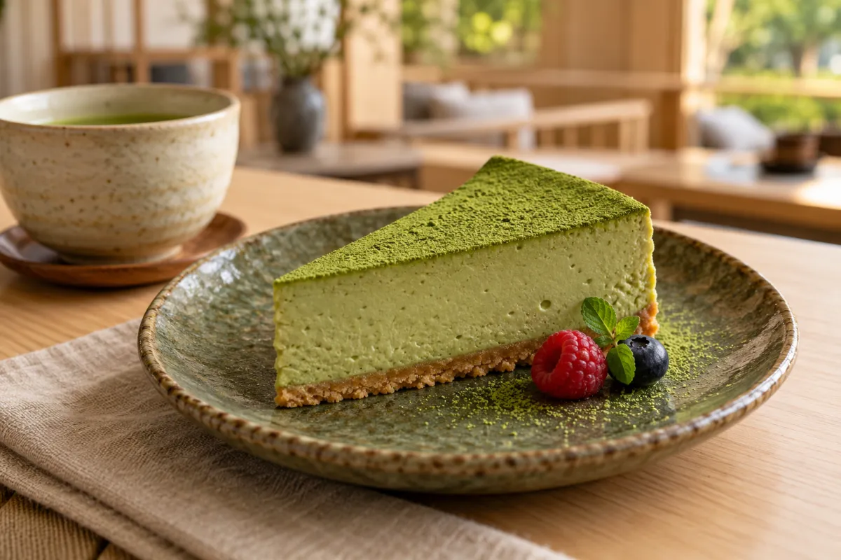 Ein Stück grüner Käsekuchen mit einer Himbeere und einer Blaubeere auf einem dunkelgrünen Teller, daneben eine Schale Tee