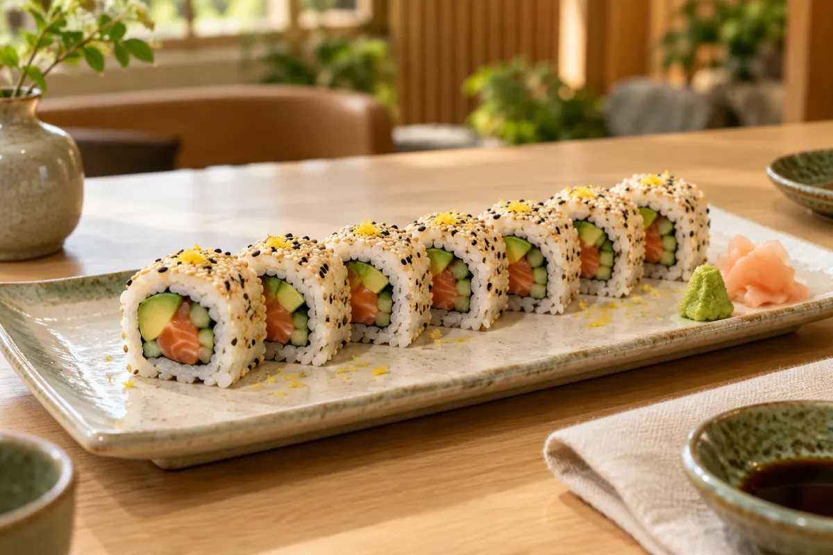 Inside-out-Rollen mit Lachs, Avocado und Gurke in einer Reihe, außen Sesam und gelber Zitrusabrieb, auf einer hellen Keramikplatte