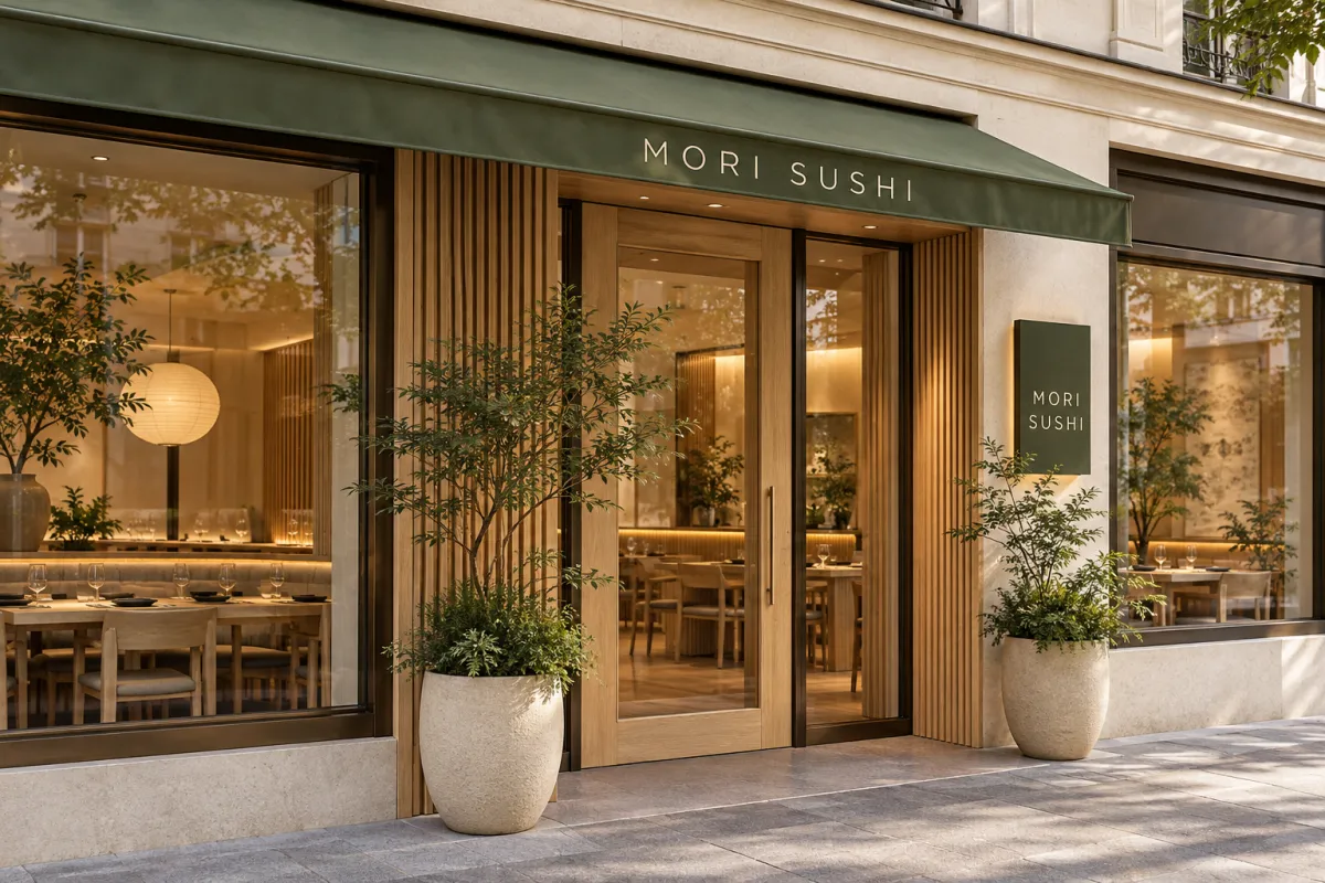 Eingang mit Holztür, zwei Bäumchen in hellen Töpfen und einem grünen Schild mit dem Namen Mori Sushi