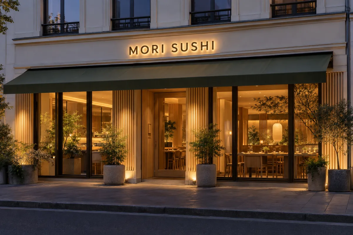 Ladenfront am Abend: warm erleuchtete Fenster und der beleuchtete Schriftzug Mori Sushi über der Markise